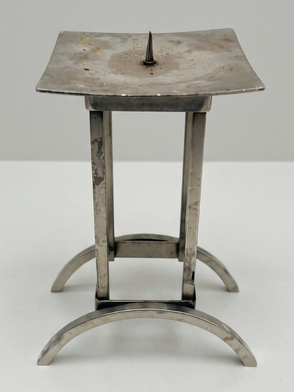 Vintage Mid Century Silver Tone Metal Pricket Candle Holder Pedestal Stand 11.25